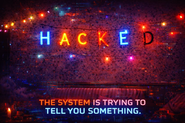 Neon “HACKED” sign in a dark digital environment, symbolising early warning signs of hidden protocol vulnerabilities detected by Cytal Protocrawler.